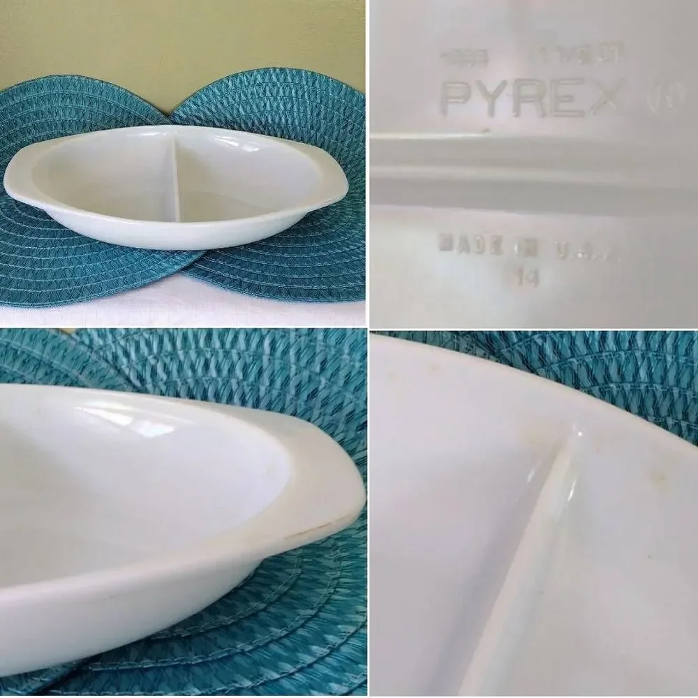 Pyrex‎ VTG White Milk Glass 1.5 Qrt Divided Oval Serving Dish Bowl